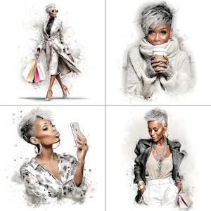 May include: A collage of four digital art portraits of a woman with short, silver hair. The images depict her in various stylish outfits, including a trench coat, sweater, and leather jacket, holding shopping bags, a coffee cup, a phone, and a purse.