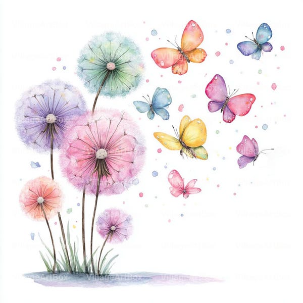 Paquete de 14 imágenes prediseñadas de mariposas y dientes de león, arte floral en acuarela pastel, descarga digital.