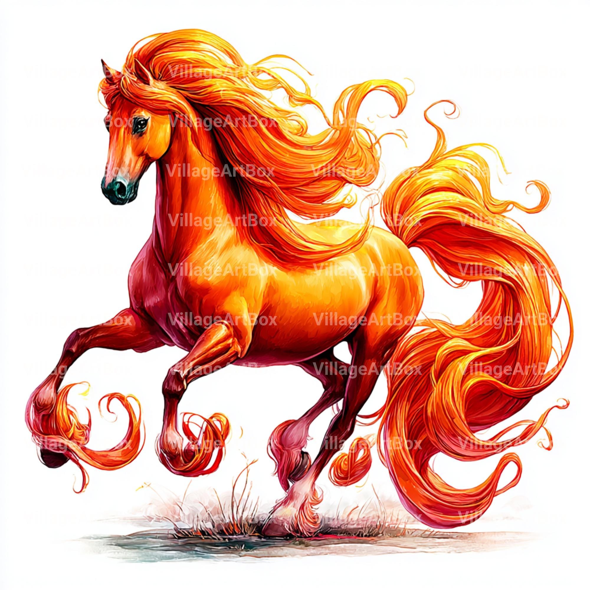 水彩画「火の馬」のクリップアート：2026年の中国の干支（デジタル