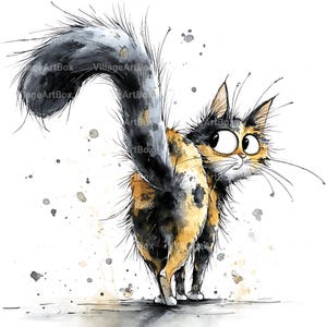 May include: Watercolor illustration of a calico cat with a fluffy tail and wide eyes. The cat is facing away from the viewer, looking over its shoulder. The cat's fur is a mix of black, orange, and white. The background is white with ink splatters.
