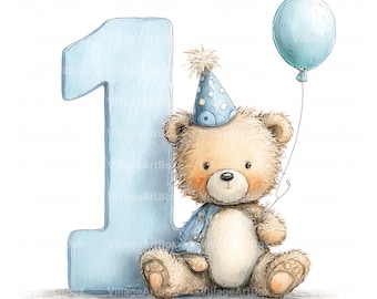 May include: A watercolor illustration of a teddy bear wearing a blue party hat and jacket, holding a light blue balloon. A large light blue number one is next to the bear. The image has a soft, whimsical style, perfect for a child's birthday.