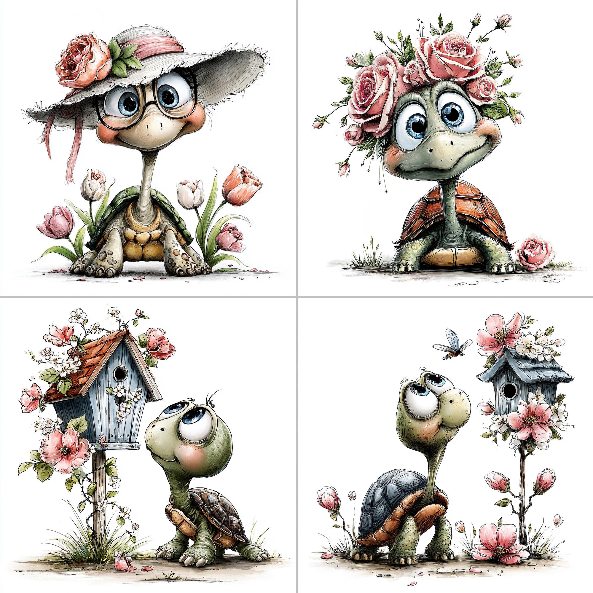 Whimsical Spring Turtle Clipart: Floral Garden Turtles, Butterflies ...