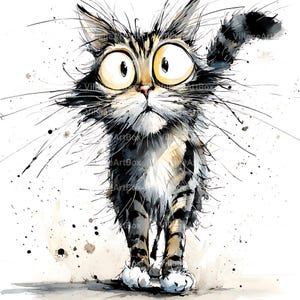 May include: Watercolor illustration of a surprised cat with large yellow eyes. The cat has a striped coat in shades of gray and brown, with white paws and a fluffy tail. The artwork has a whimsical, expressive style with ink splatters.
