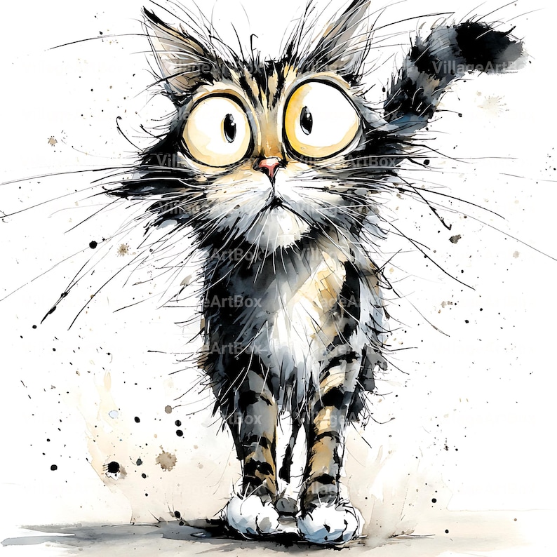 May include: Watercolor illustration of a surprised cat with large yellow eyes. The cat has a striped coat in shades of gray and brown, with white paws and a fluffy tail. The artwork has a whimsical, expressive style with ink splatters.