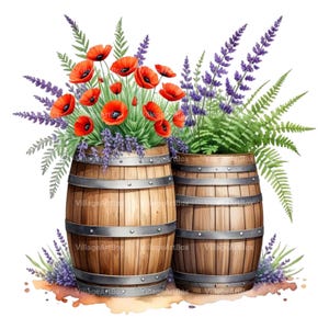 10PNG Wildblumen Fass Clipart, Aquarell Holzfass Pflanzer Bündel, Floral Clip Art, Transparenter Hintergrund, Papiermodell