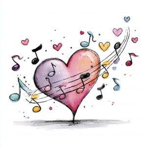 Könnte beinhalten: Aquarell-Illustration eines Herzens mit Noten und kleinen Herzen. Das Herz ist ein Farbverlauf aus Rosa und Lila, mit Noten und kleinen Herzen in verschiedenen Farben. Das Bild hat einen skurrilen, künstlerischen Stil.