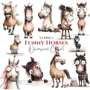 Könnte beinhalten: Eine Sammlung von zwölf skurrilen Illustrationen von Cartoon-Pferden. Die Pferde sind in verschiedenen Posen und mit übertriebenen Gesichtszügen und hellen Farben dargestellt. Der Text "Funny Horses" und "Whimsical Clip Art" ist ebenfalls sichtbar.