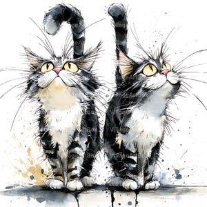 May include: Watercolor illustration of two cats with gray and white fur, yellow eyes, and long whiskers. The cats are standing side-by-side, looking upwards with their tails arched. The artwork has a whimsical style with paint splatters.