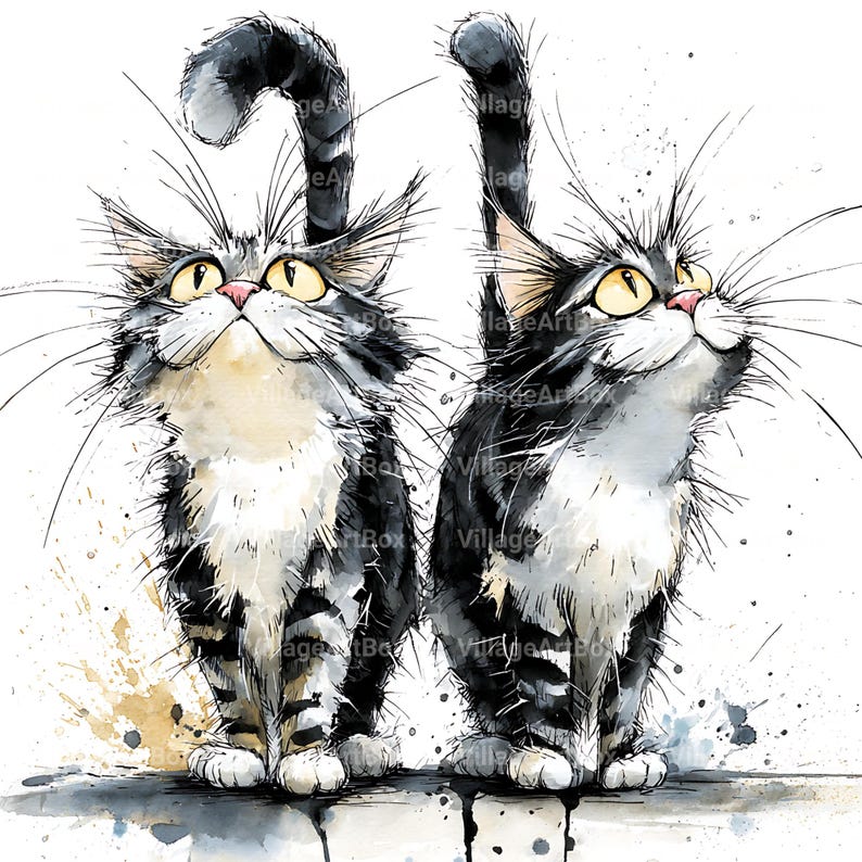 May include: Watercolor illustration of two cats with gray and white fur, yellow eyes, and long whiskers. The cats are standing side-by-side, looking upwards with their tails arched. The artwork has a whimsical style with paint splatters.