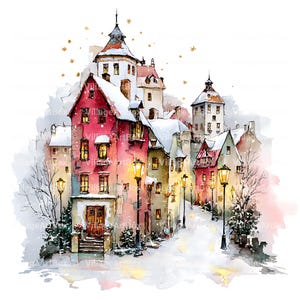 Puede incluir: Pintura a la acuarela de un pueblo europeo nevado. Edificios en tonos rojos, rosas y verdes bordean una calle adoquinada, iluminada por farolas. Los copos de nieve y las estrellas doradas se suman al ambiente invernal. Una encantadora ilustración festiva.