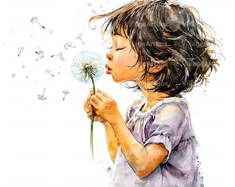 12 Girl Blowing Dandelion Clipart, Watercolor Child Art for Crafts & Printables, Digital Download