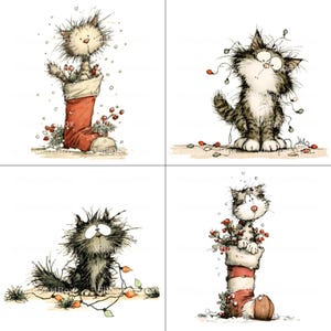 Könnte beinhalten: Vier Illustrationen von Cartoon-Katzen. Zwei Katzen befinden sich in rot-weißen Weihnachtsstrümpfen, die mit Beeren verziert sind. Die anderen beiden Katzen sind in Lichterketten verheddert. Alle Katzen haben ausdrucksstarke Gesichter und flauschiges Fell.