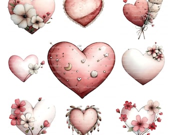 Watercolor Heart Clipart | Valentine Floral Hearts, Boho Rustic Love | Digital download, Junk Journal, Sublimation