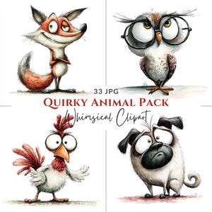 May include: A collection of whimsical animal clipart featuring a smiling fox, an owl wearing glasses, a rooster, and a pug. The text "Quirky Animal Pack" and "Whimsical Clipart" are also included.