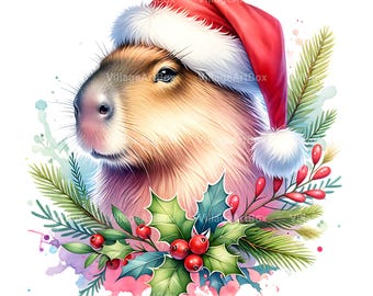 Watercolor Christmas Capybara Clipart Bundle: Holiday PNG Images (Instant Download