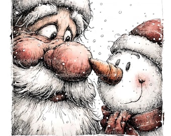 Santa & Snowman Clipart Set: Vintage Watercolor Christmas Illustrations (JPG, Instant Download)