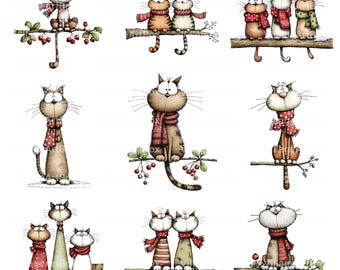 Watercolor Christmas Cat Clipart | Whimsical Cats on Branches, High-Res JPGs (Instant Download, Commercial Use)