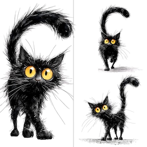 May include: A whimsical illustration features three black cats with large yellow eyes and expressive poses. The cats have fluffy fur and long tails, with one arching its back. The artwork is set against a white background, creating a playful and cartoonish effect.