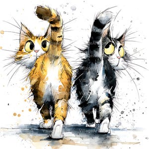 May include: Watercolor illustration of two cats walking away, one orange tabby and one black and white. The cats have large, expressive eyes and long whiskers. The artwork has a whimsical, playful style with watercolor paint splatters.