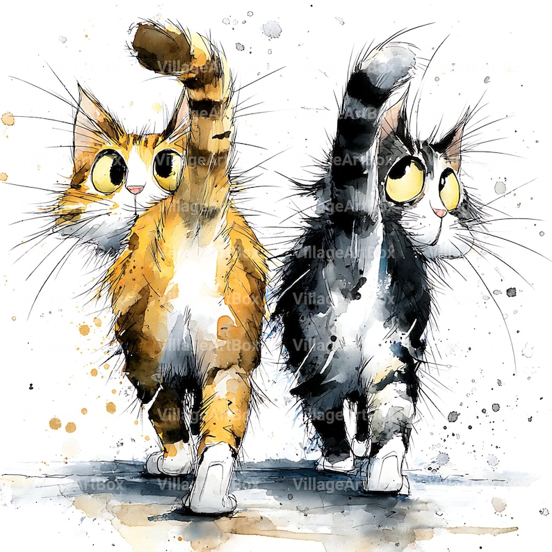 May include: Watercolor illustration of two cats walking away, one orange tabby and one black and white. The cats have large, expressive eyes and long whiskers. The artwork has a whimsical, playful style with watercolor paint splatters.