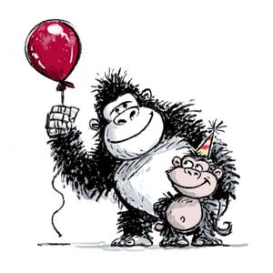 May include: A cartoon illustration of a gorilla holding a red balloon, standing next to a smaller monkey wearing a party hat. The gorilla and monkey are smiling, with a black and white color scheme.