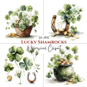 May include: Watercolor illustrations of St. Patrick's Day themed elements. Includes a basket of shamrocks and white flowers, a horseshoe, a pot of gold, and loose shamrocks. The text "Lucky Shamrocks Whimsical Clipart" is also present.