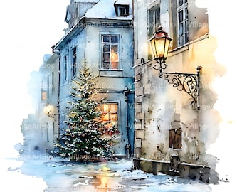 Watercolor Christmas Village Clipart: Snowy Town Scenes PNG for Cards, Junk Journals & Prints