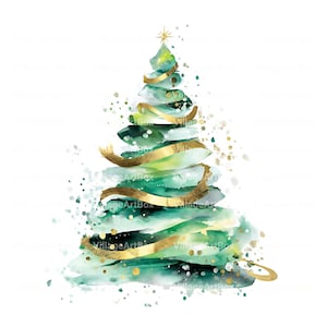 May include: Watercolor illustration of a Christmas tree in shades of green and gold. The tree is decorated with gold ribbon and a star on top. The design has a soft, artistic feel with paint splatters.