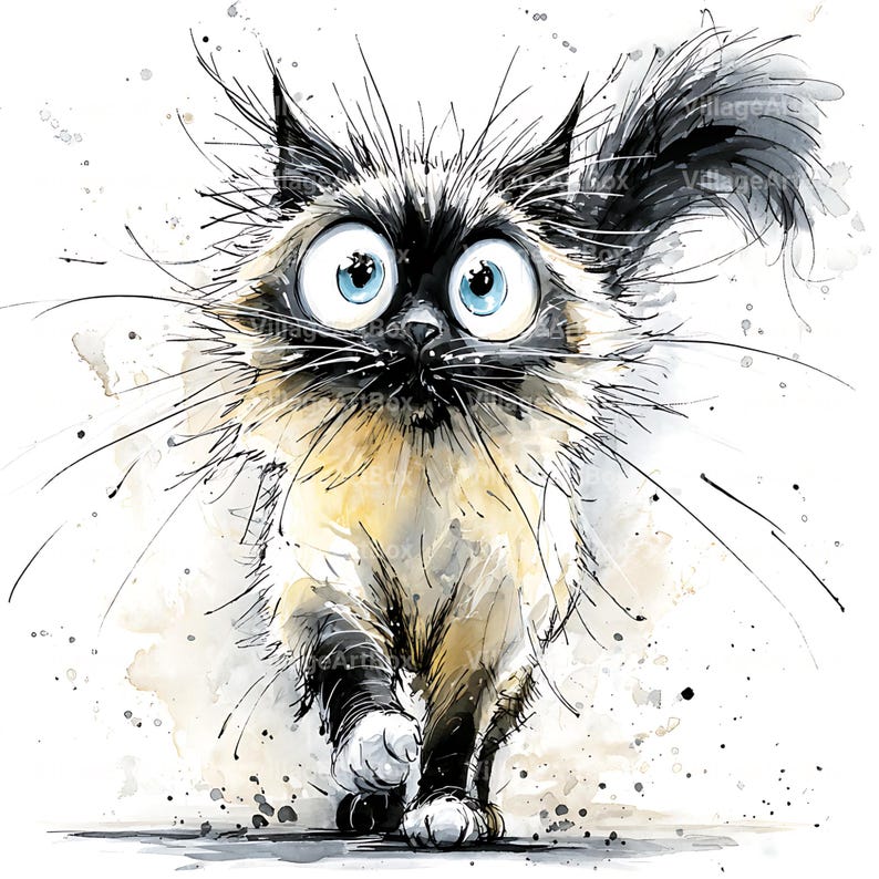 May include: Watercolor illustration of a cat with large blue eyes and a surprised expression. The cat has black and tan fur with long whiskers and a fluffy tail. The artwork has a whimsical, cartoonish style with ink splatters.