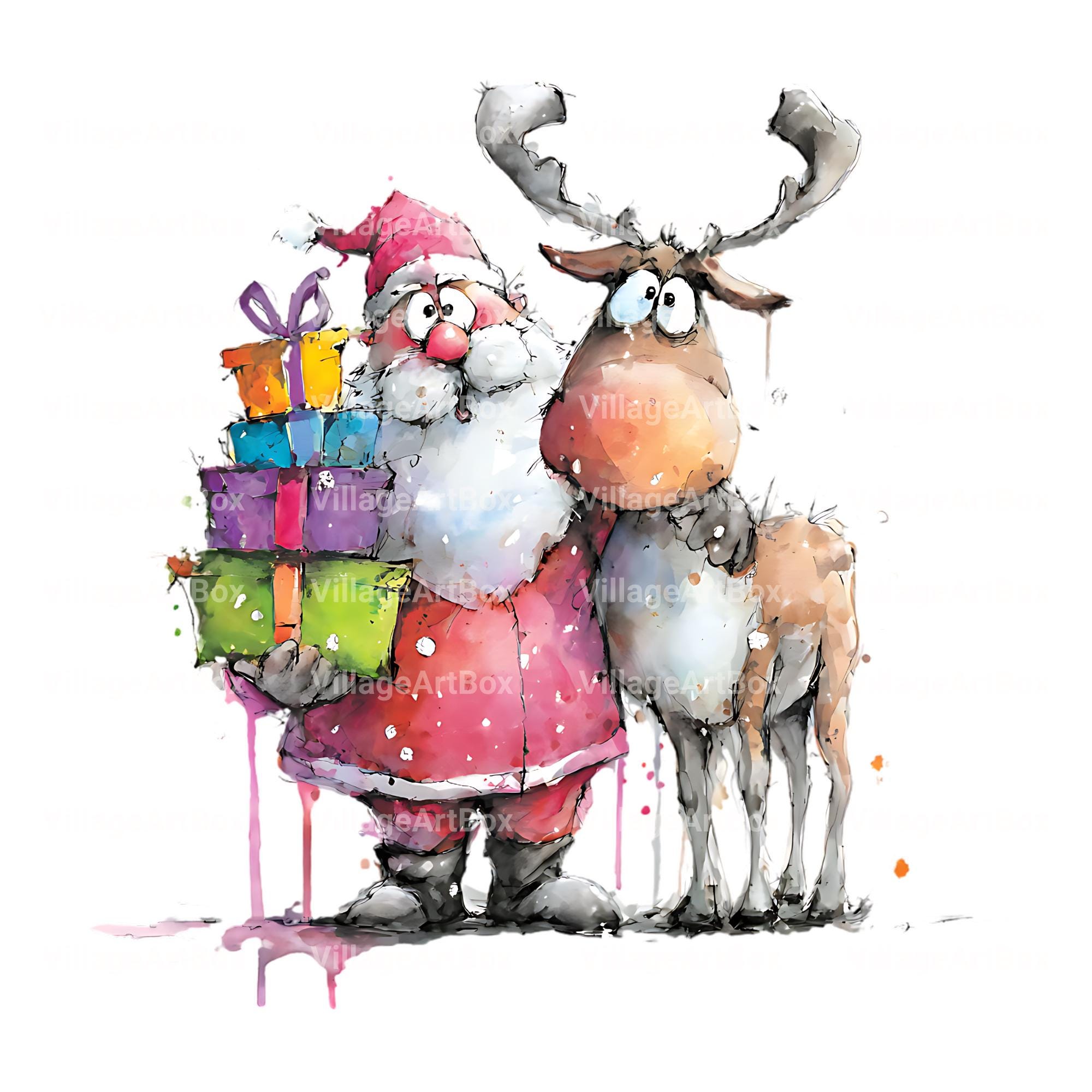 Splash Watercolor Santa and Reindeer Clipart — Whimsical Christmas ...