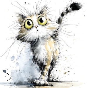 May include: Watercolor illustration of a surprised cat with large yellow eyes, white fur, and brown and black markings. The cat's tail is raised, and the image has a whimsical, artistic style with watercolor splatters.