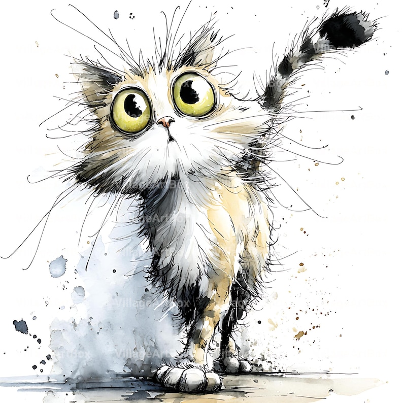 May include: Watercolor illustration of a surprised cat with large yellow eyes, white fur, and brown and black markings. The cat's tail is raised, and the image has a whimsical, artistic style with watercolor splatters.