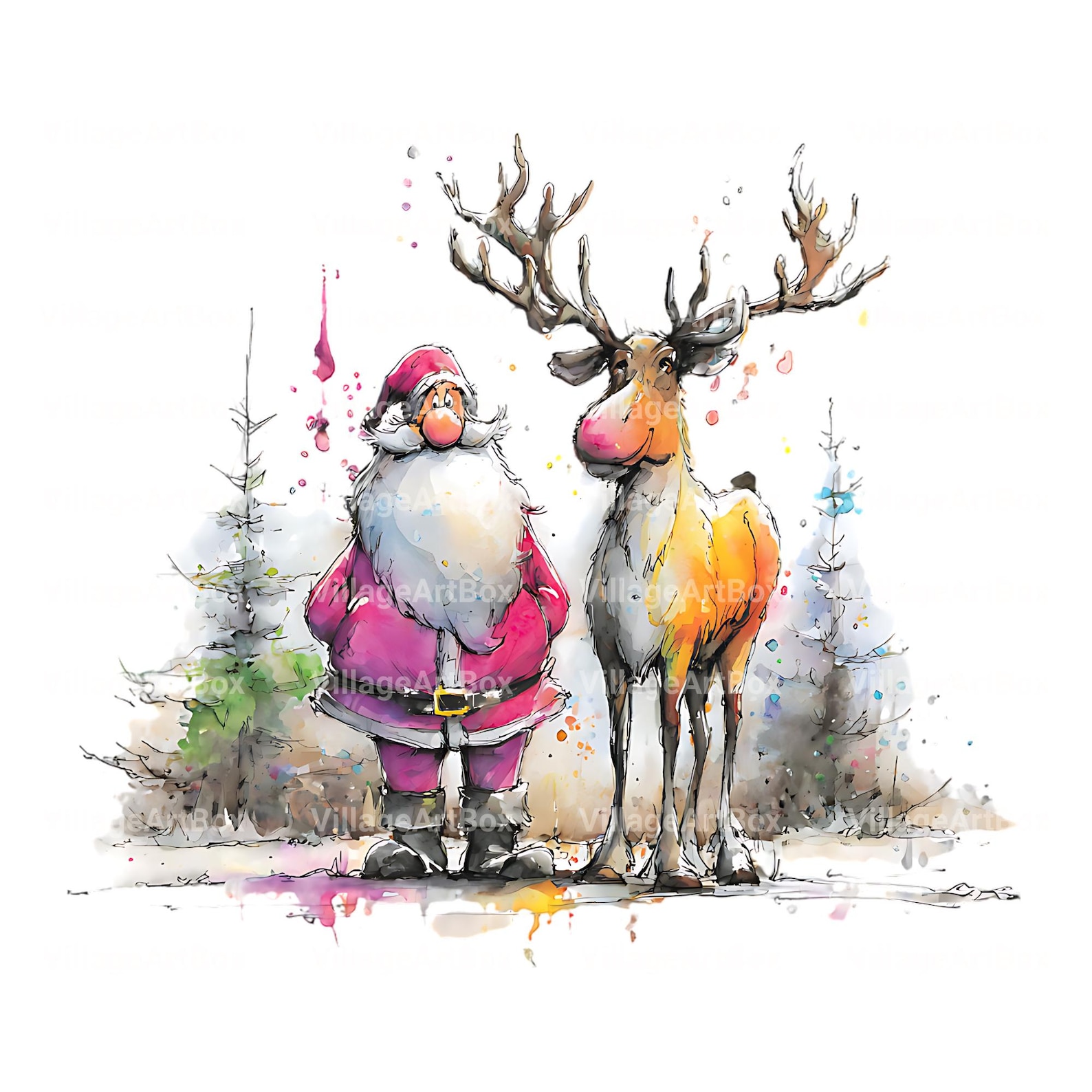 Splash Watercolor Santa and Reindeer Clipart — Whimsical Christmas ...