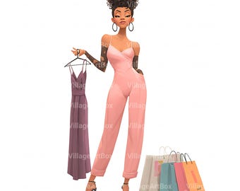 12 zwarte vrouw winkelen clipart, mode meisje kunst voor planners en kaarten, digitale download