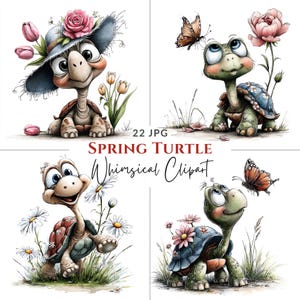 Op de afbeelding: Vier grillige schildpadillustraties, elk met een vrolijke uitdrukking, bloemen en vlinders. De tekst "Spring Turtle Whimsical Clipart" staat eronder, wat een vrolijk lentethema weergeeft.