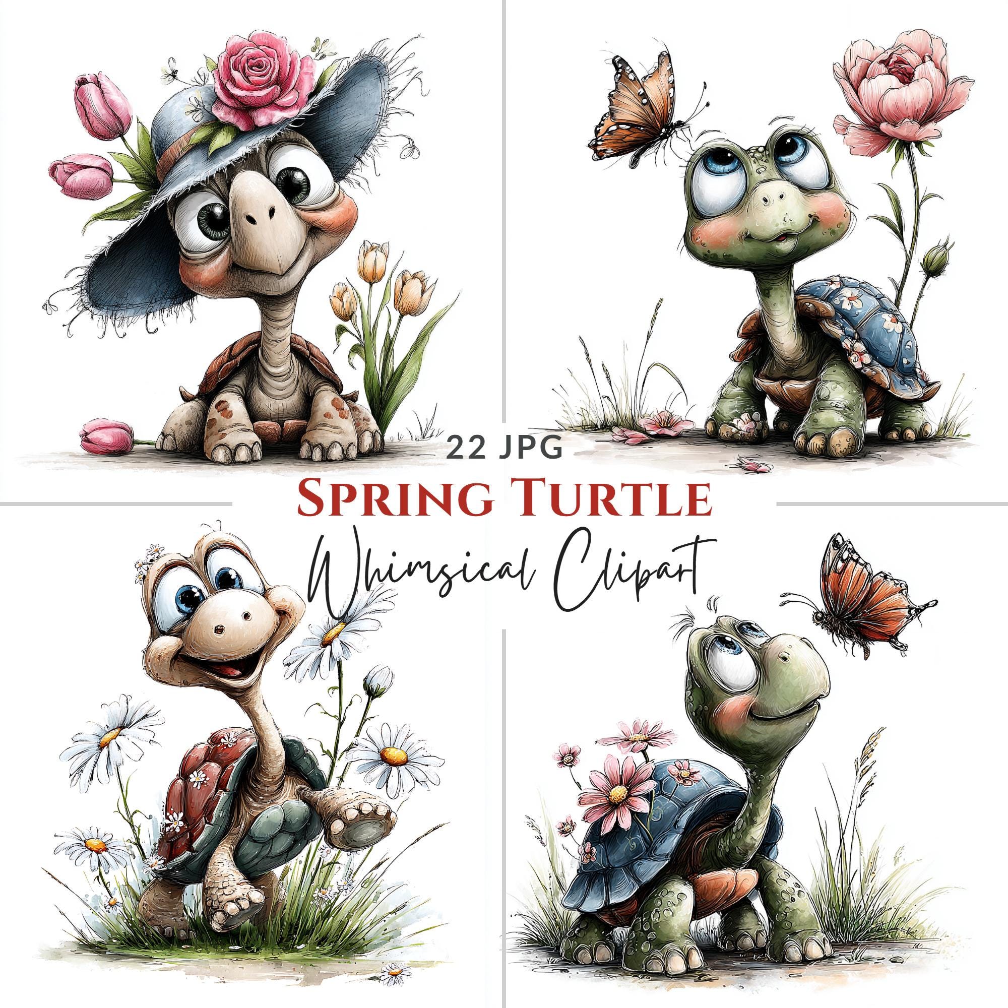 Whimsical Spring Turtle Clipart: Floral Garden Turtles, Butterflies ...