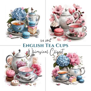 Può includere: Illustrazioni ad acquerello di tazze da tè inglesi, teiere e pasticcini. Le immagini mostrano tazze da tè blu e bianche, teiere, macarons e torte, circondate da fiori. Il testo recita "English Tea Cups Whimsical Clipart."