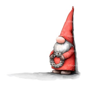 May include: A watercolor illustration of a Christmas gnome wearing a red hat and coat, holding a small wreath with red berries. The gnome has a long white beard and a round nose. The image is set against a white background.