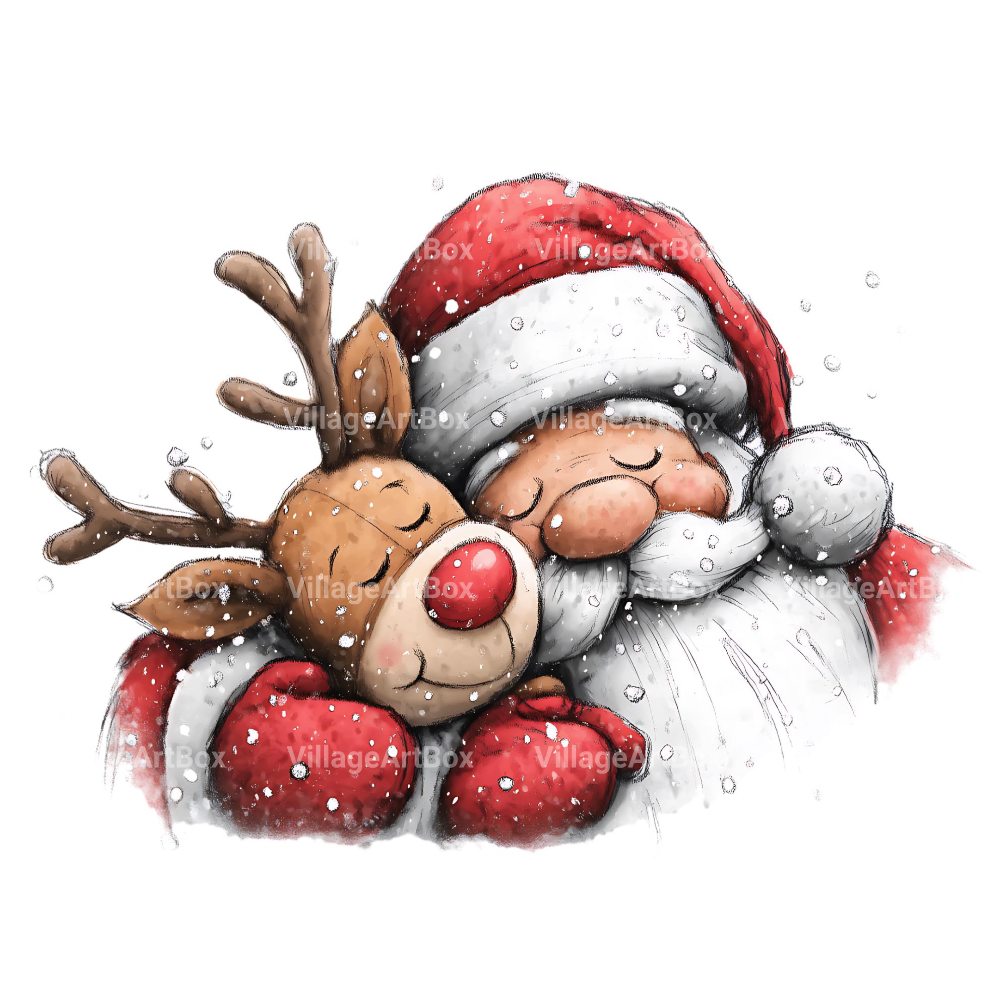 水彩画のサンタクロースとトナカイのクリップアートバンドル（PNG 即時