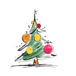 May include: A hand-drawn Christmas tree illustration with green foliage and colourful baubles. The tree is decorated with yellow, orange, and red ornaments. The design is outlined in black on a white background, with a star at the top.