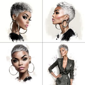 May include: Four-panel artwork featuring a woman with short, silver hair and large hoop earrings. The woman is depicted in various poses, wearing a black top and a dark green blazer. The artwork has a watercolor-like style with soft, blended colors and a white background.