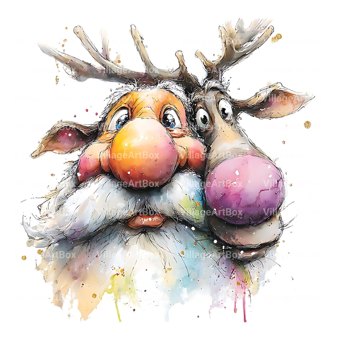 Splash Watercolor Santa and Reindeer Clipart — Whimsical Christmas ...