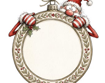 Könnte beinhalten: Ein runder Weihnachtsbaumschmuck-Rahmen mit einem Cartoon-Weihnachtsmann, der mit roter Mütze und gestreiften Fäustlingen über den Rand schaut. Der Rahmen ist mit einem Muster aus grünen Blättern und roten Beeren verziert und hat eine Schnur.