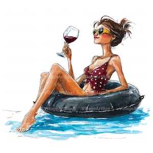 Clipart de garota de verão com vinho, pacote de imagens PNG de mulher em férias, gráficos de boia de piscina em aquarela