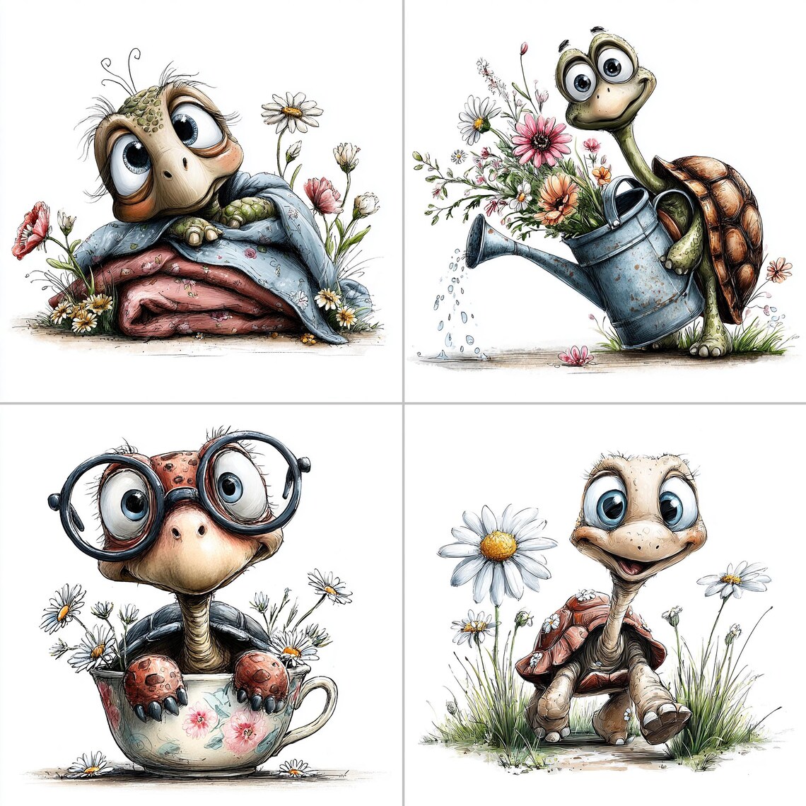 Whimsical Spring Turtle Clipart: Floral Garden Turtles, Butterflies ...