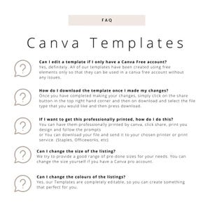 May include: A beige and white graphic with the text "FAQ" at the top, followed by "Canva Templates." The image includes questions and answers about editing, downloading, printing, and customising Canva templates.