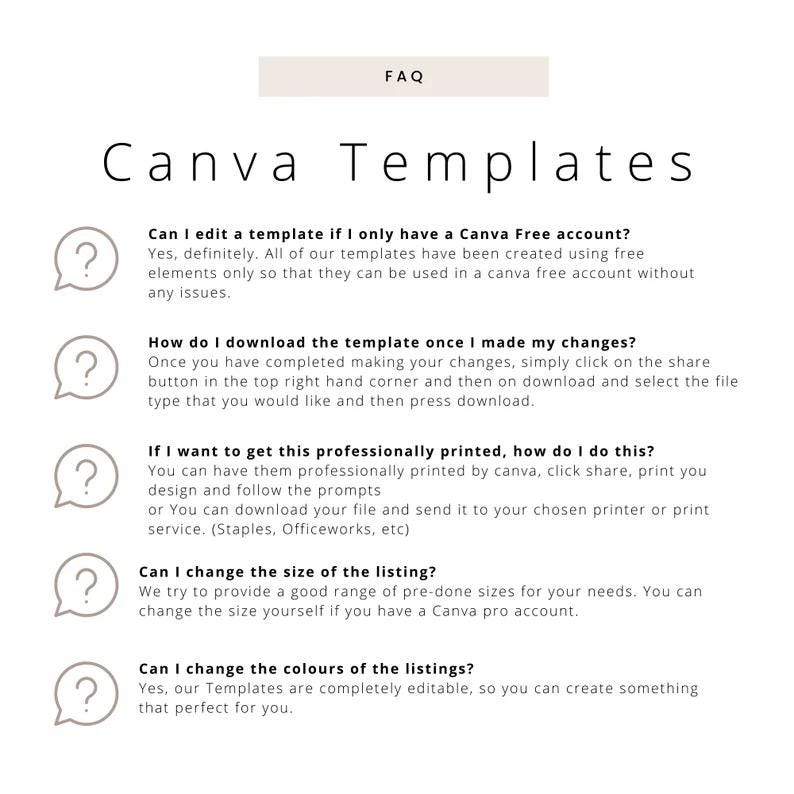 May include: A beige and white graphic with the text "FAQ" at the top, followed by "Canva Templates." The image includes questions and answers about editing, downloading, printing, and customising Canva templates.