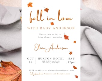 Fall in Love - fall/autumn themed baby shower invite for boy or girl with leaf design | Editable digital design by Always Invited Store