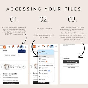 May include: A guide titled "ACCESSING YOUR FILES" shows how to download digital products on Etsy. It uses screenshots and instructions to access purchases and download files. The text is in English.