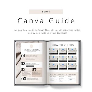May include: An open book titled "Canva Guide" with "BONUS" above. The guide provides instructions, video tutorials, and export options. The pages are beige with grey text and graphics.